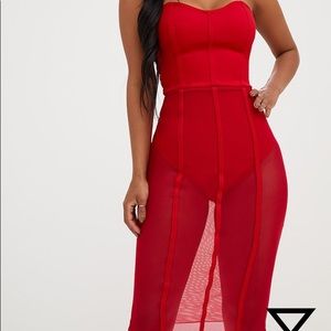 PrettyLittleThing Red Bandeau Mesh Insert Dress